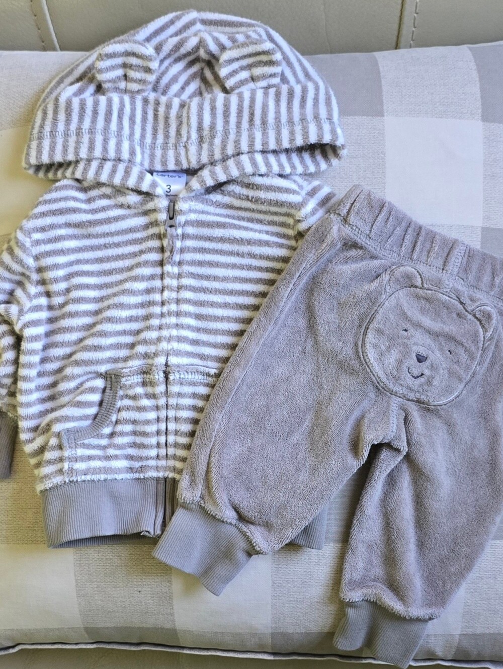 Unisex Baby Hoodie & Pants Bear Gray White Stripes Carter's 3 Months